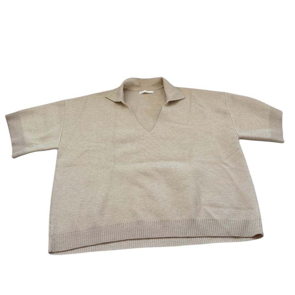 OAK + FORT medium mens sweater polo tee shirt beige v-neck short sleeve neutral